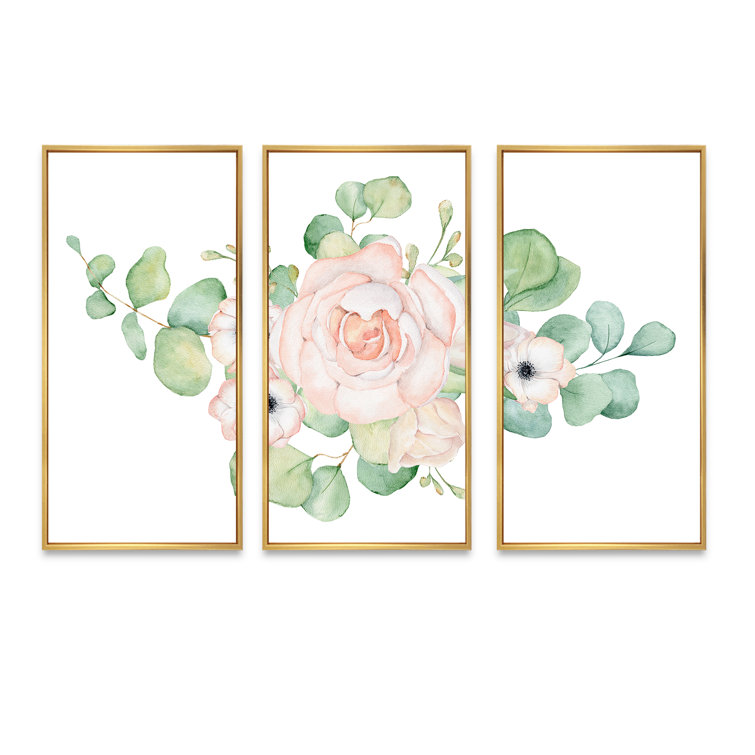 Winston Porter Flowers And Eucalyptus Leaves Bouquet II Framed On Canvas 3 Pieces Painting